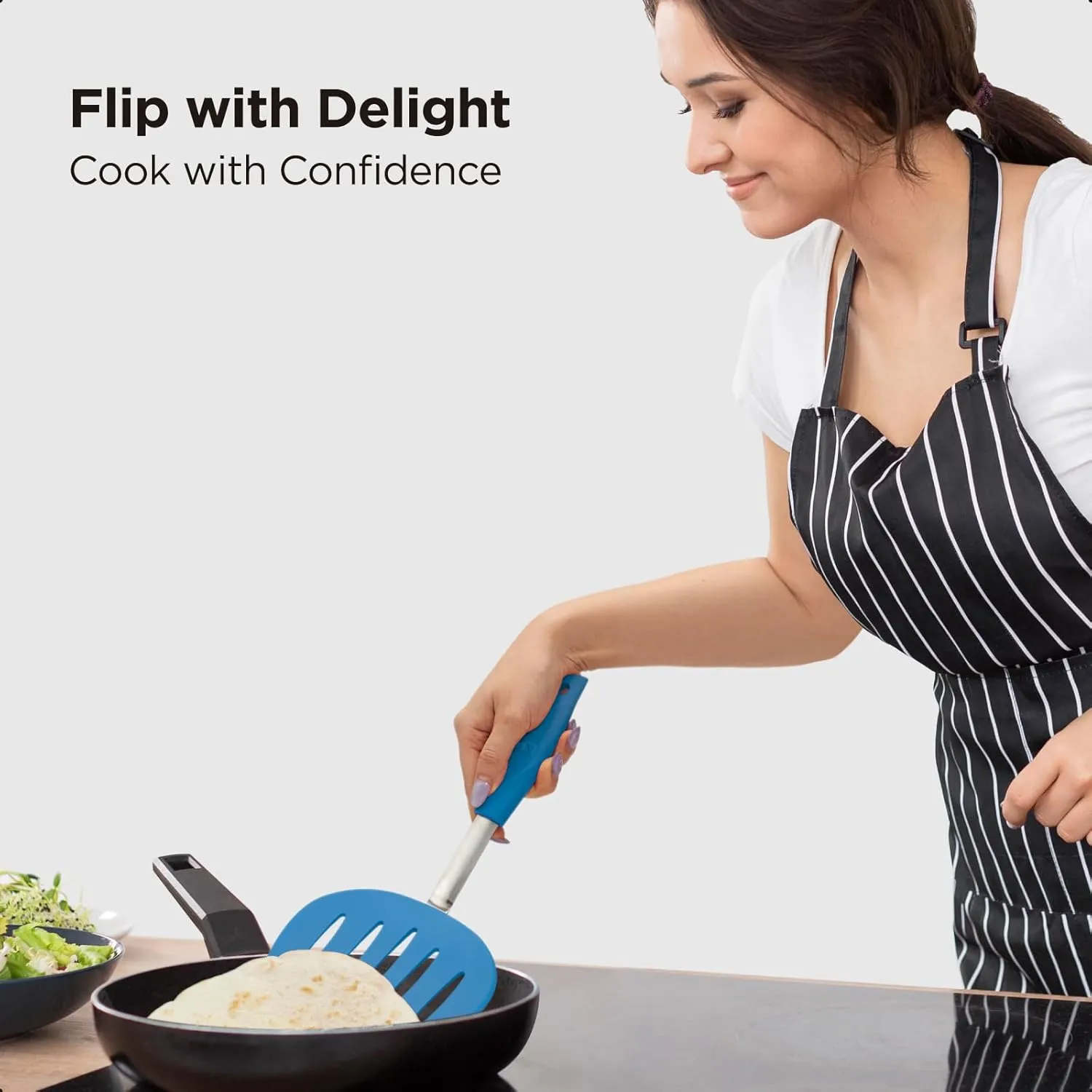 Kitchen Mama WaltzGrip Platinum Silicone Pancake Spatula Turner: Heat-Resistant, Slotted Tapered Head, Stainless Steel Core, Durable, Dishwasher-Safe, Ideal for Flipping and Wok Use (Blue)