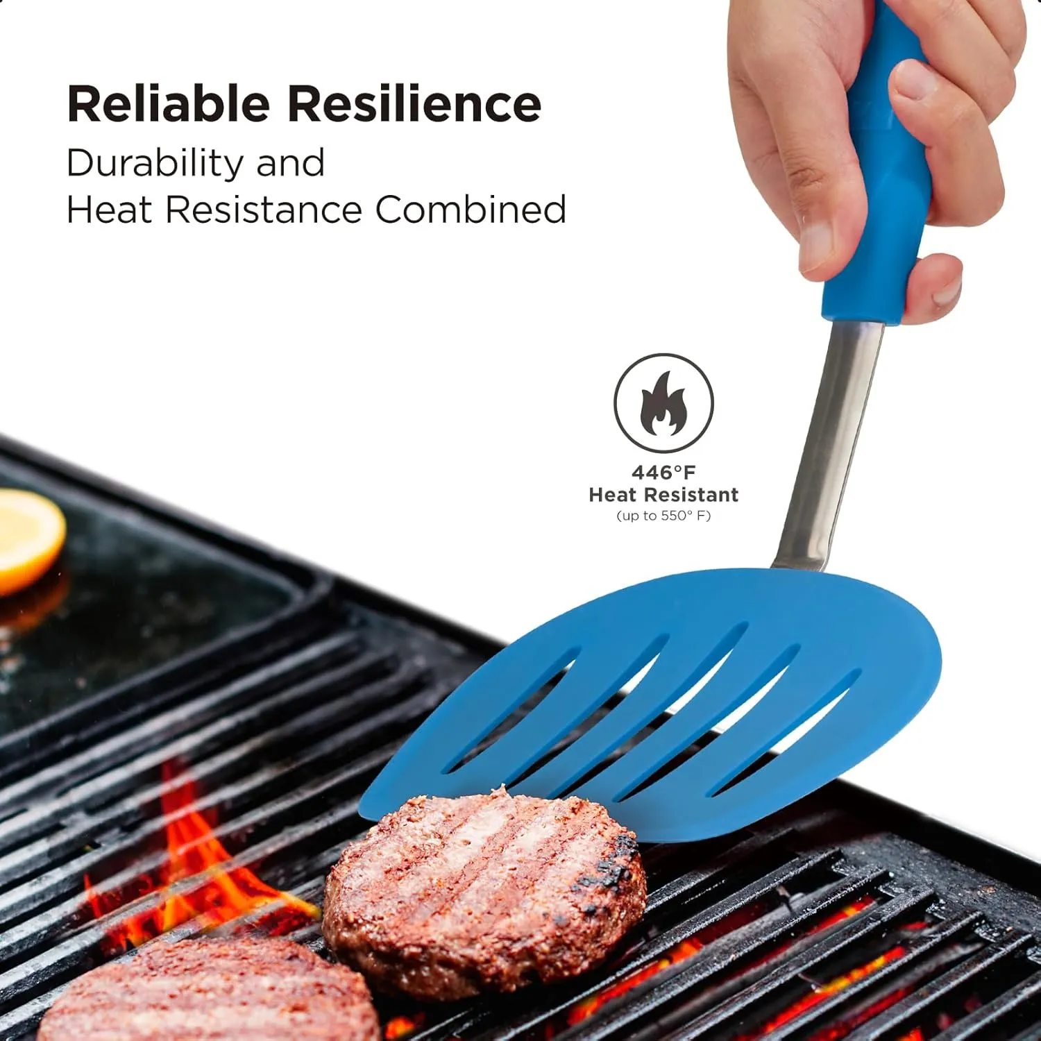 Kitchen Mama WaltzGrip Platinum Silicone Pancake Spatula Turner: Heat-Resistant, Slotted Tapered Head, Stainless Steel Core, Durable, Dishwasher-Safe, Ideal for Flipping and Wok Use (Blue)