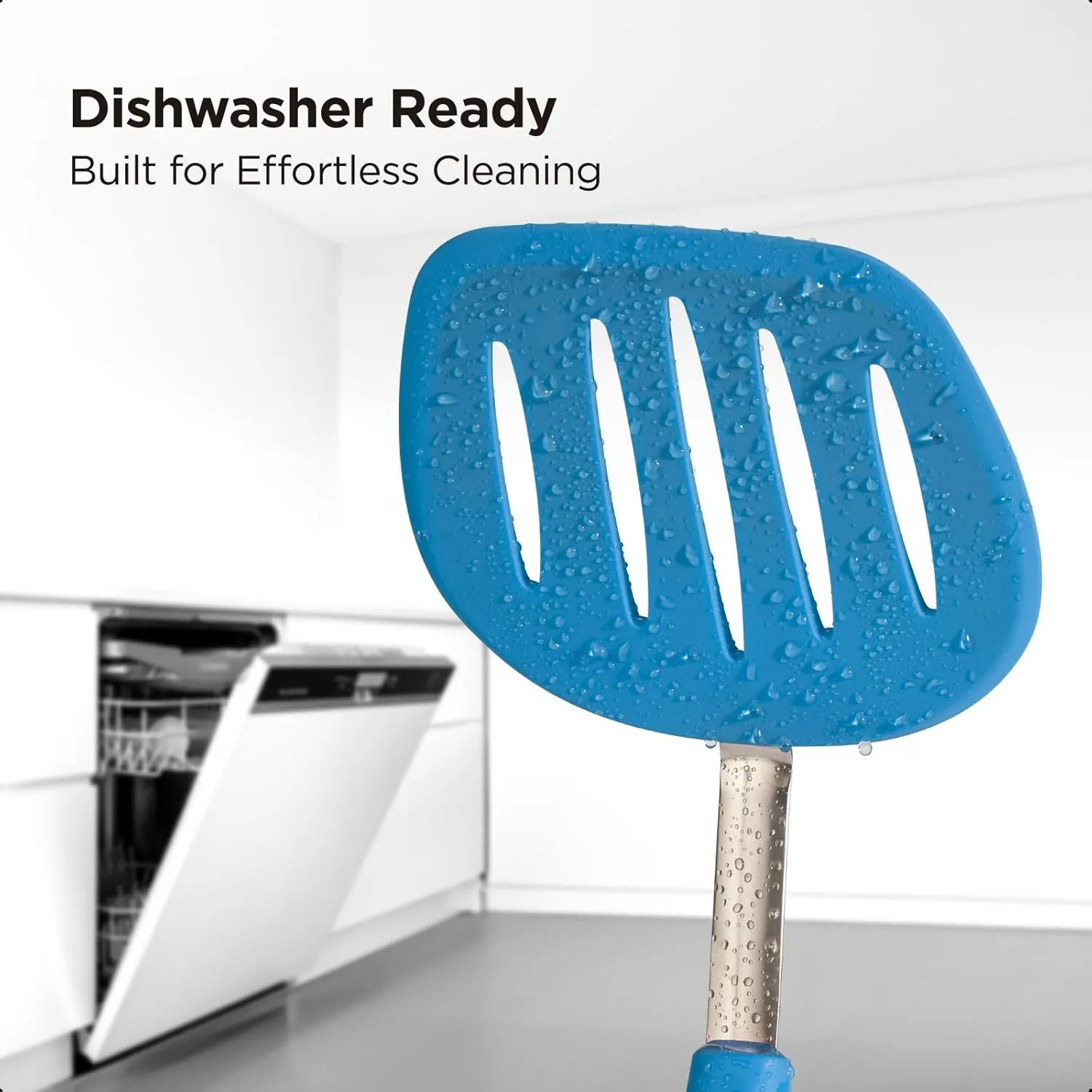 Kitchen Mama WaltzGrip Platinum Silicone Pancake Spatula Turner: Heat-Resistant, Slotted Tapered Head, Stainless Steel Core, Durable, Dishwasher-Safe, Ideal for Flipping and Wok Use (Blue)