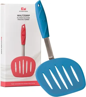 Kitchen Mama WaltzGrip Platinum Silicone Pancake Spatula Turner: Heat-Resistant, Slotted Tapered Head, Stainless Steel Core, Durable, Dishwasher-Safe, Ideal for Flipping and Wok Use (Blue)