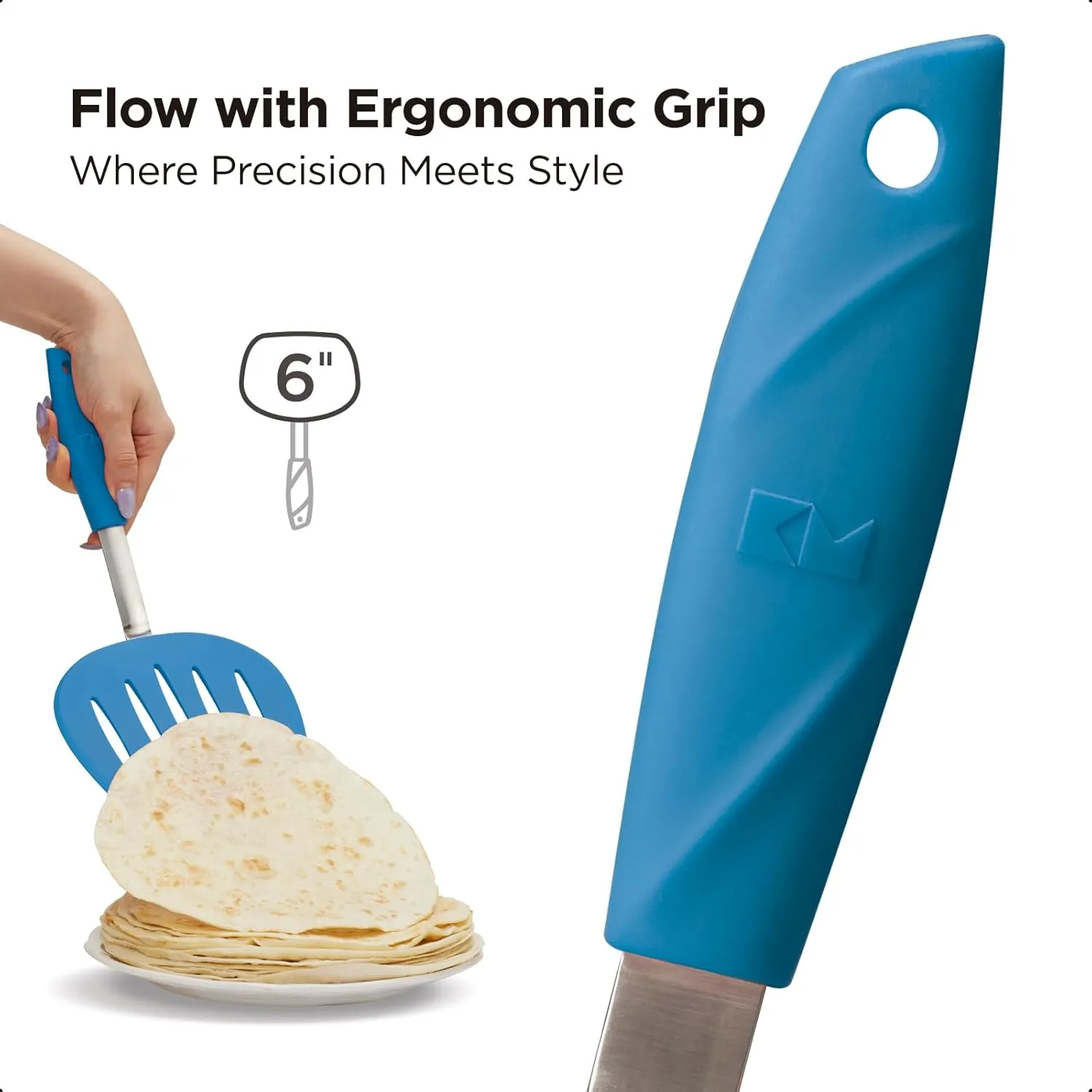 Kitchen Mama WaltzGrip Platinum Silicone Pancake Spatula Turner: Heat-Resistant, Slotted Tapered Head, Stainless Steel Core, Durable, Dishwasher-Safe, Ideal for Flipping and Wok Use (Blue)