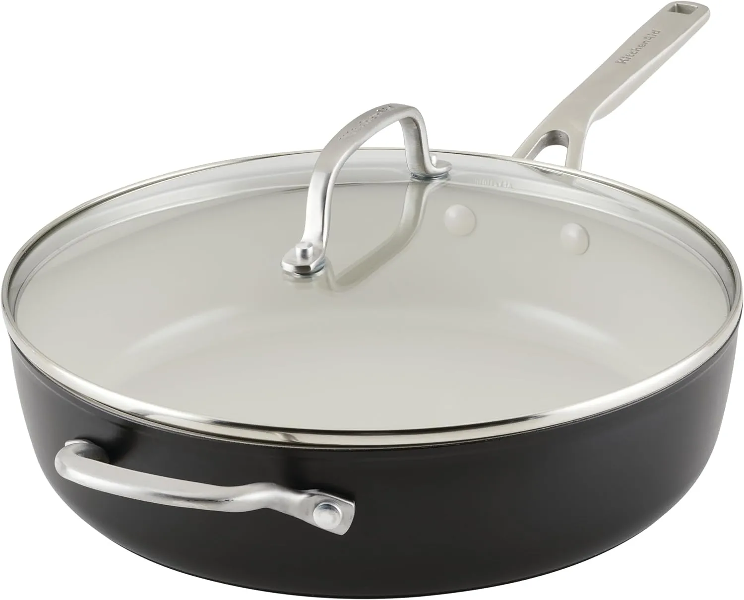 KitchenAid Hard Anodized Ceramic 5-Quart Nonstick Sauté Pan with Shatter-Resistant Lid & Riveted Handle – Durable, Even Heating, Easy Clean, Oven Safe to 500°F, Matte Black