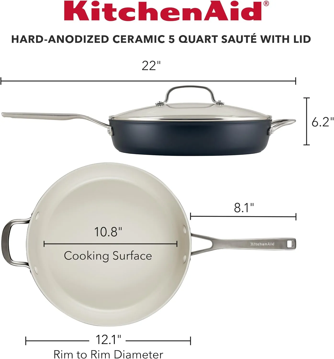 KitchenAid Hard Anodized Ceramic 5-Quart Nonstick Sauté Pan with Shatter-Resistant Lid & Riveted Handle – Durable, Even Heating, Easy Clean, Oven Safe to 500°F, Matte Black