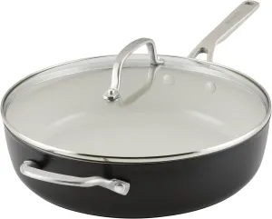 KitchenAid Hard Anodized Ceramic 5-Quart Nonstick Sauté Pan with Shatter-Resistant Lid & Riveted Handle – Durable, Even Heating, Easy Clean, Oven Safe to 500°F, Matte Black