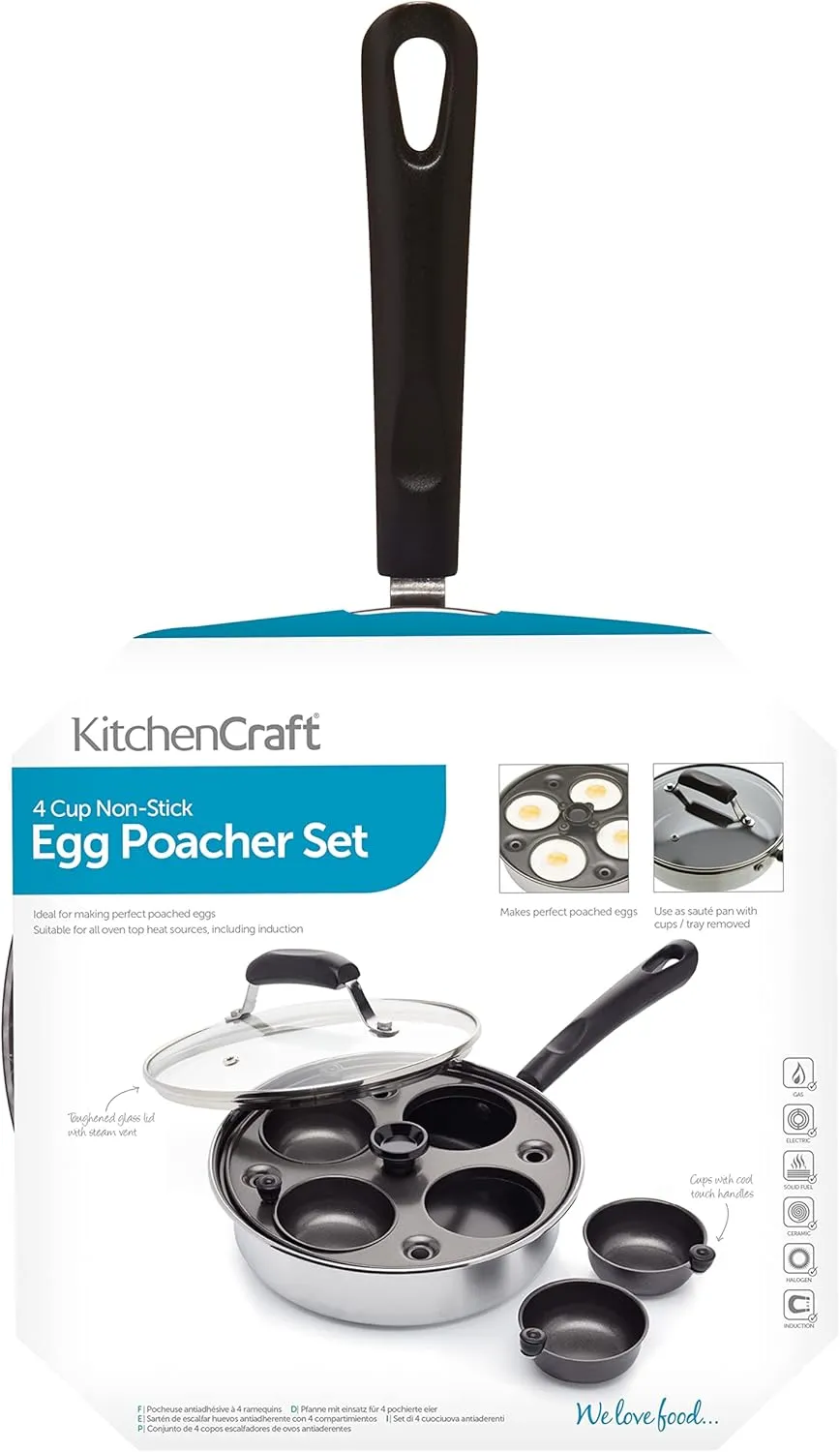 KitchenCraft 4 Egg Poacher Pan, Induction Safe, Carbon Steel, 21 cm