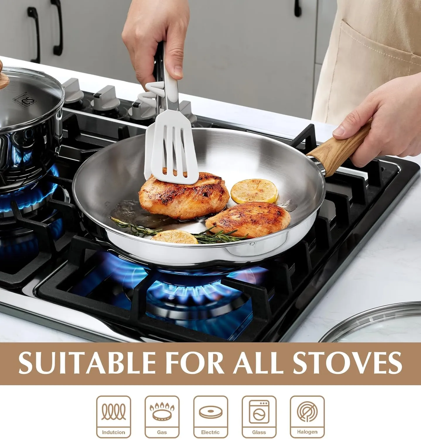 KOCH SYSTEME CS Stainless Steel Pan 10 Inch, Induction Stainless Steel Frying Pan with Heat-resistant Bakelite Handle, 10 Inch Stainless Skillet with Lid for Cooking, Dishwasher Safe