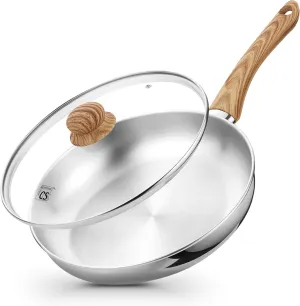 KOCH SYSTEME CS Stainless Steel Pan 10 Inch, Induction Stainless Steel Frying Pan with Heat-resistant Bakelite Handle, 10 Inch Stainless Skillet with Lid for Cooking, Dishwasher Safe