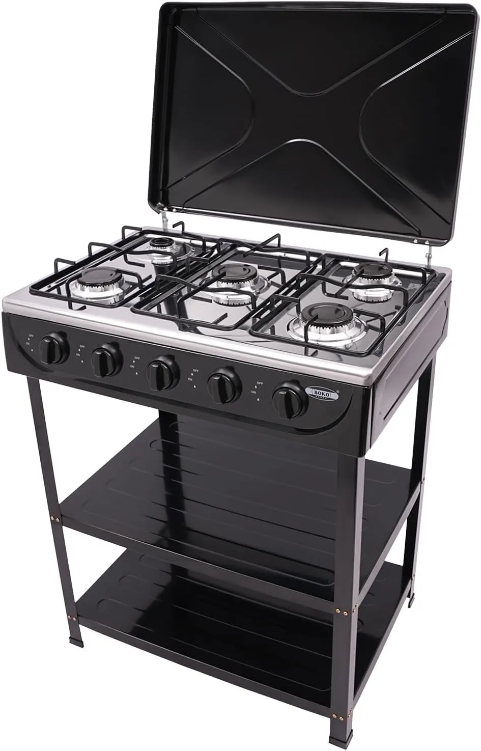 KOLHGNSE 5-Burner Natural Gas Stove High Power Outdoor Camping Stove Windproof Cover Heavy Duty Iron Body Rapid Heat Dissipation for RV Cooking Emergency Prep (Black)