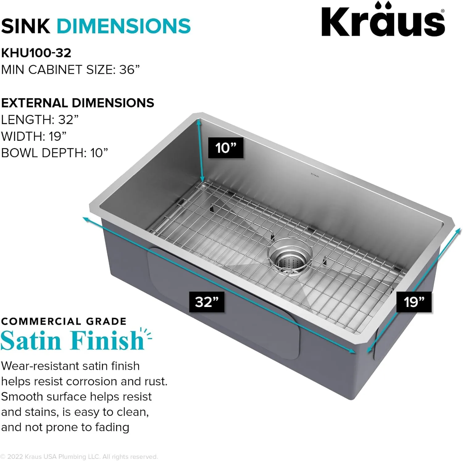 Kraus KHU100-32 Standart PRO 16 Gauge Undermount Single Bowl Stainless Steel Kitchen Sink, 32 Inch