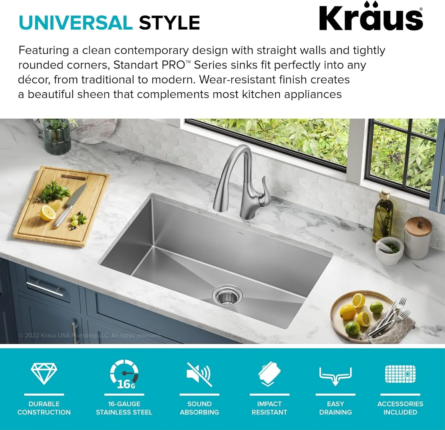 Kraus KHU100-32 Standart PRO 16 Gauge Undermount Single Bowl Stainless Steel Kitchen Sink, 32 Inch