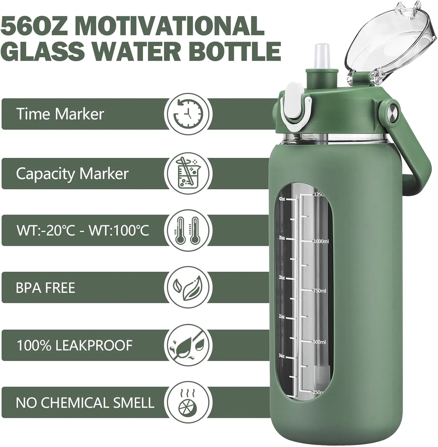 kytffu 56oz Glass Water Bottles with Straw, Motivational Glass Bottle with Silicone Sleeve and Time Marker, Leakproof Large Glass Water Jug for Gym Home Office,Olive