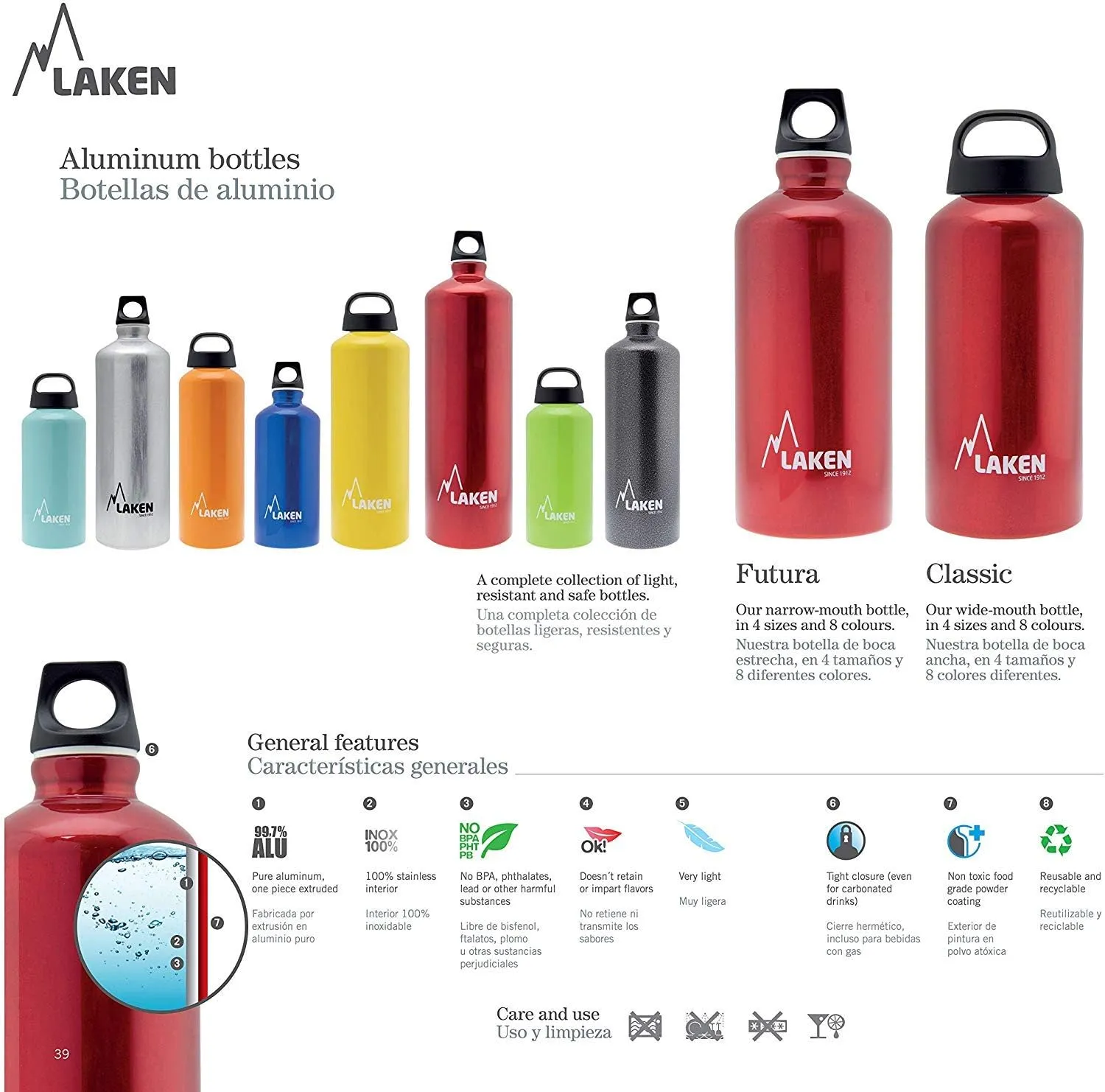 Laken Futura Aluminum Water Bottle - Narrow Mouth, Screw Cap with Loop - Leak-Proof, BPA Free, Made in Spain - 20oz, Orange