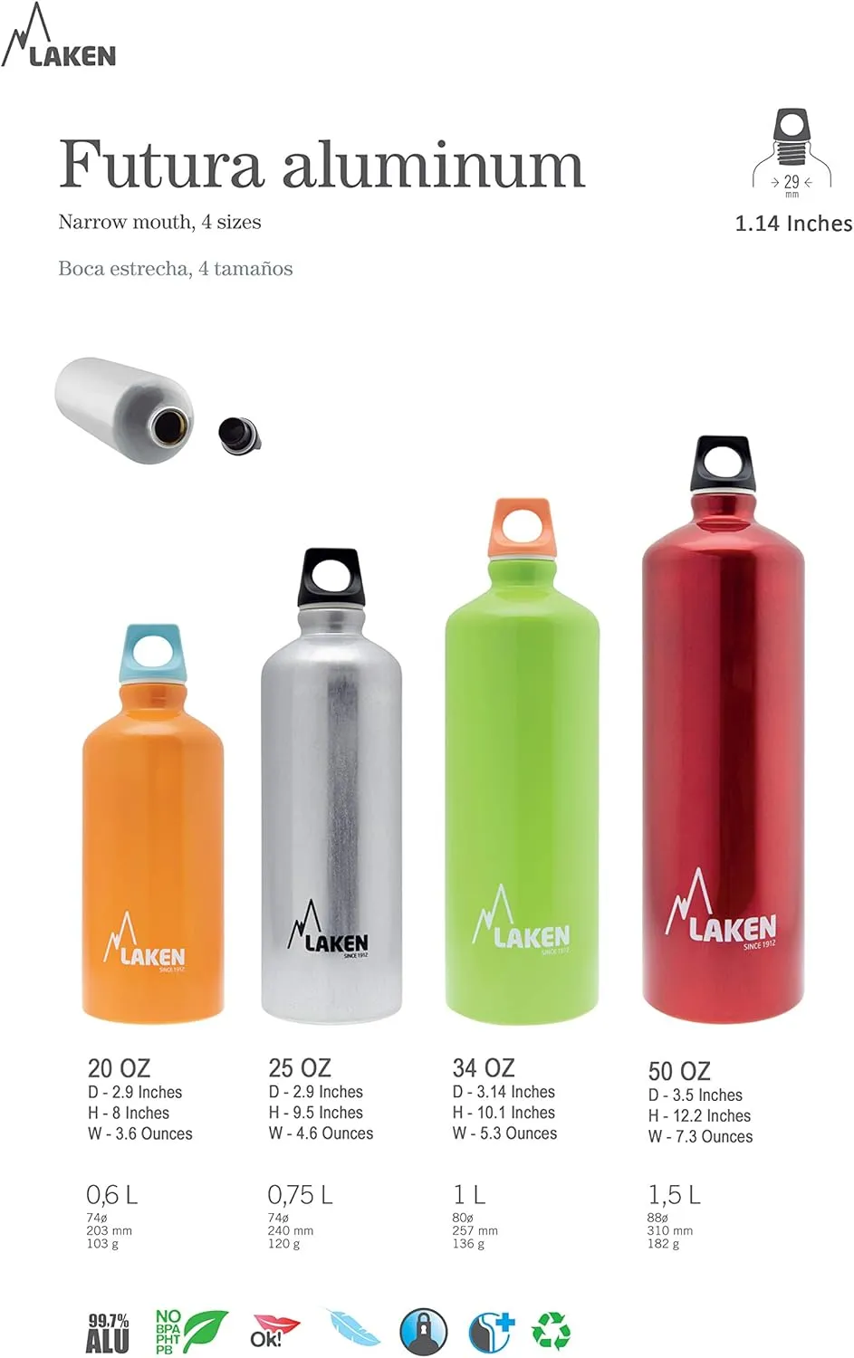 Laken Futura Aluminum Water Bottle - Narrow Mouth, Screw Cap with Loop - Leak-Proof, BPA Free, Made in Spain - 20oz, Orange