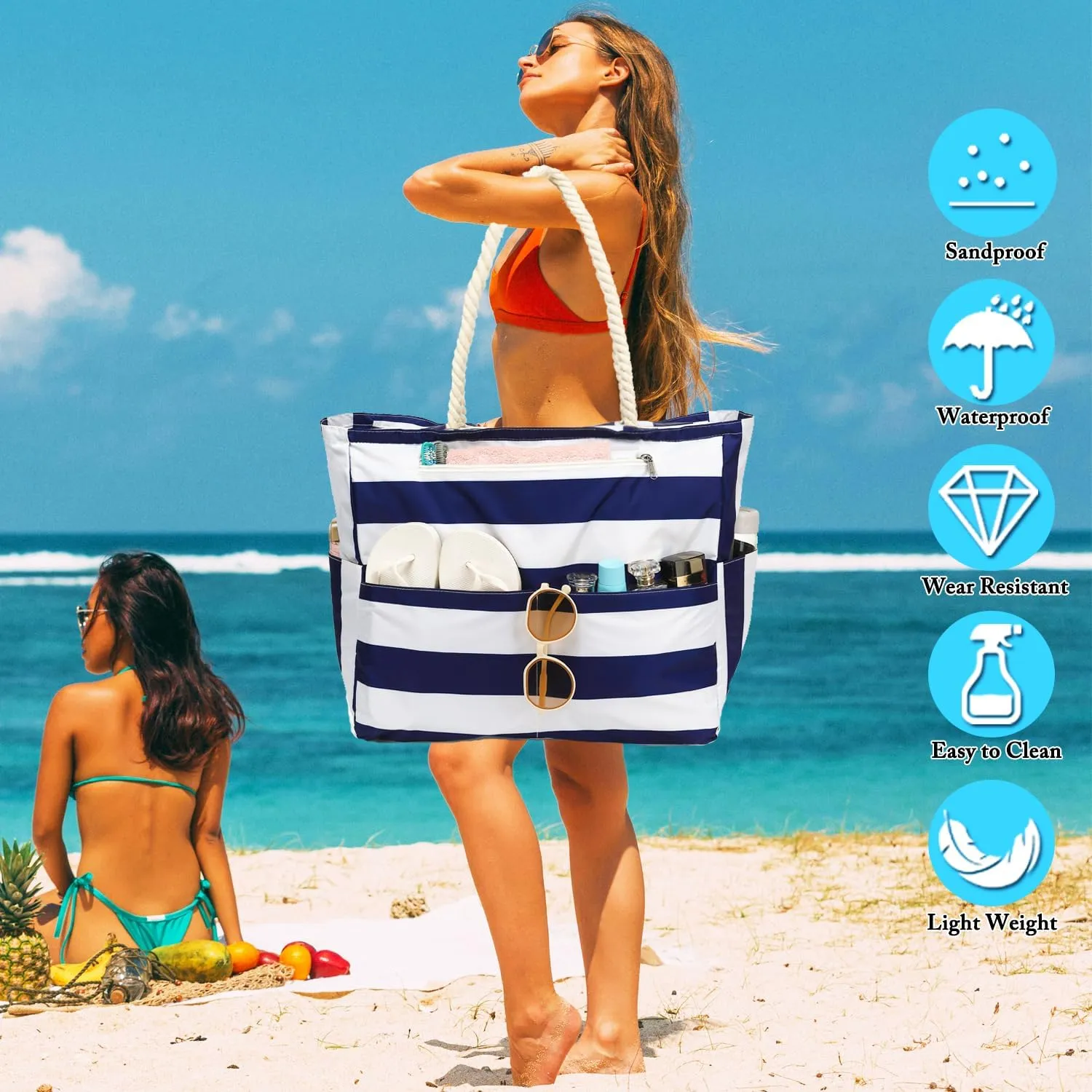 Large Beach Bag for Women, Waterproof Travel Tote Bag with Lunch/Wet Pocket for Weekender, Sandproof, Zipper Closure