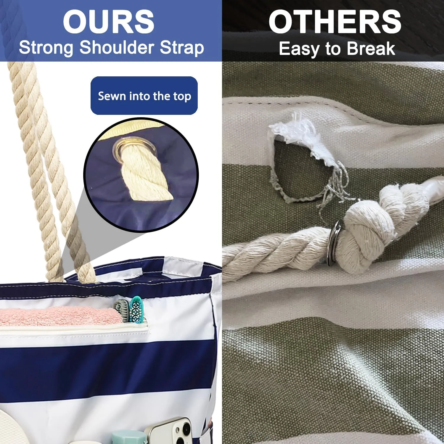 Large Beach Bag for Women, Waterproof Travel Tote Bag with Lunch/Wet Pocket for Weekender, Sandproof, Zipper Closure