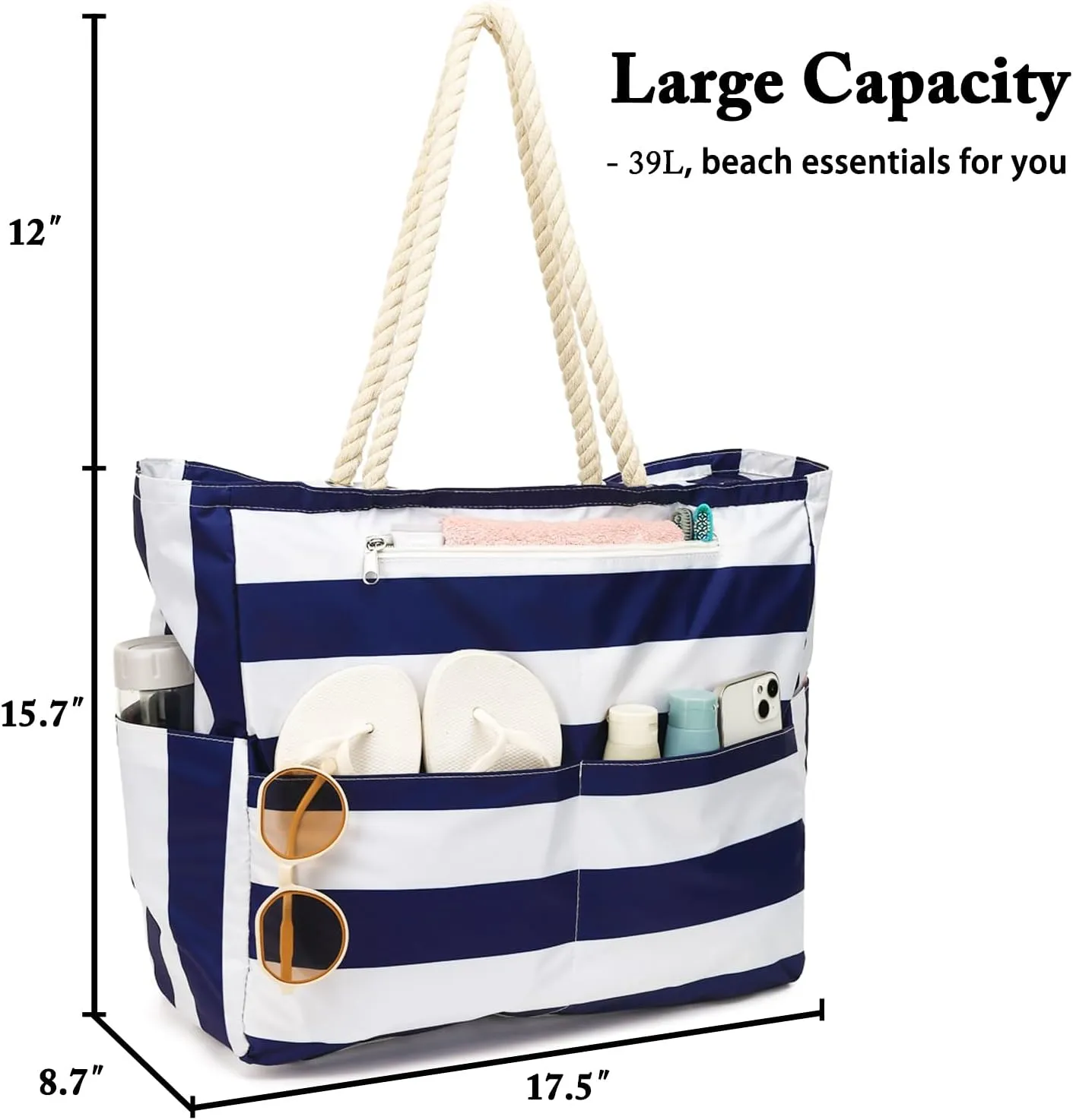 Large Beach Bag for Women, Waterproof Travel Tote Bag with Lunch/Wet Pocket for Weekender, Sandproof, Zipper Closure