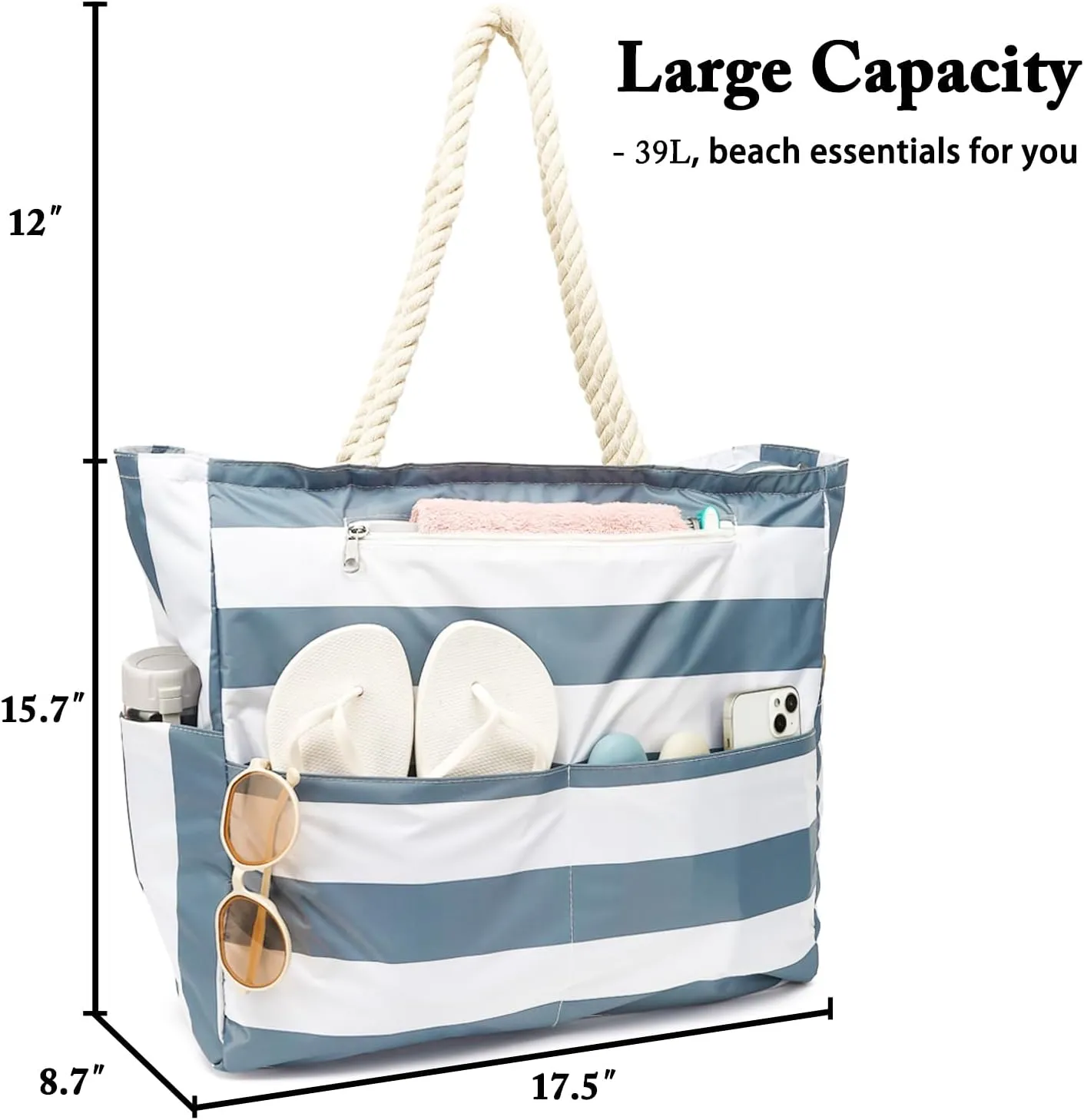 Large Beach Bag for Women, Waterproof Travel Tote Bag with Lunch/Wet Pocket for Weekender, Sandproof, Zipper Closure