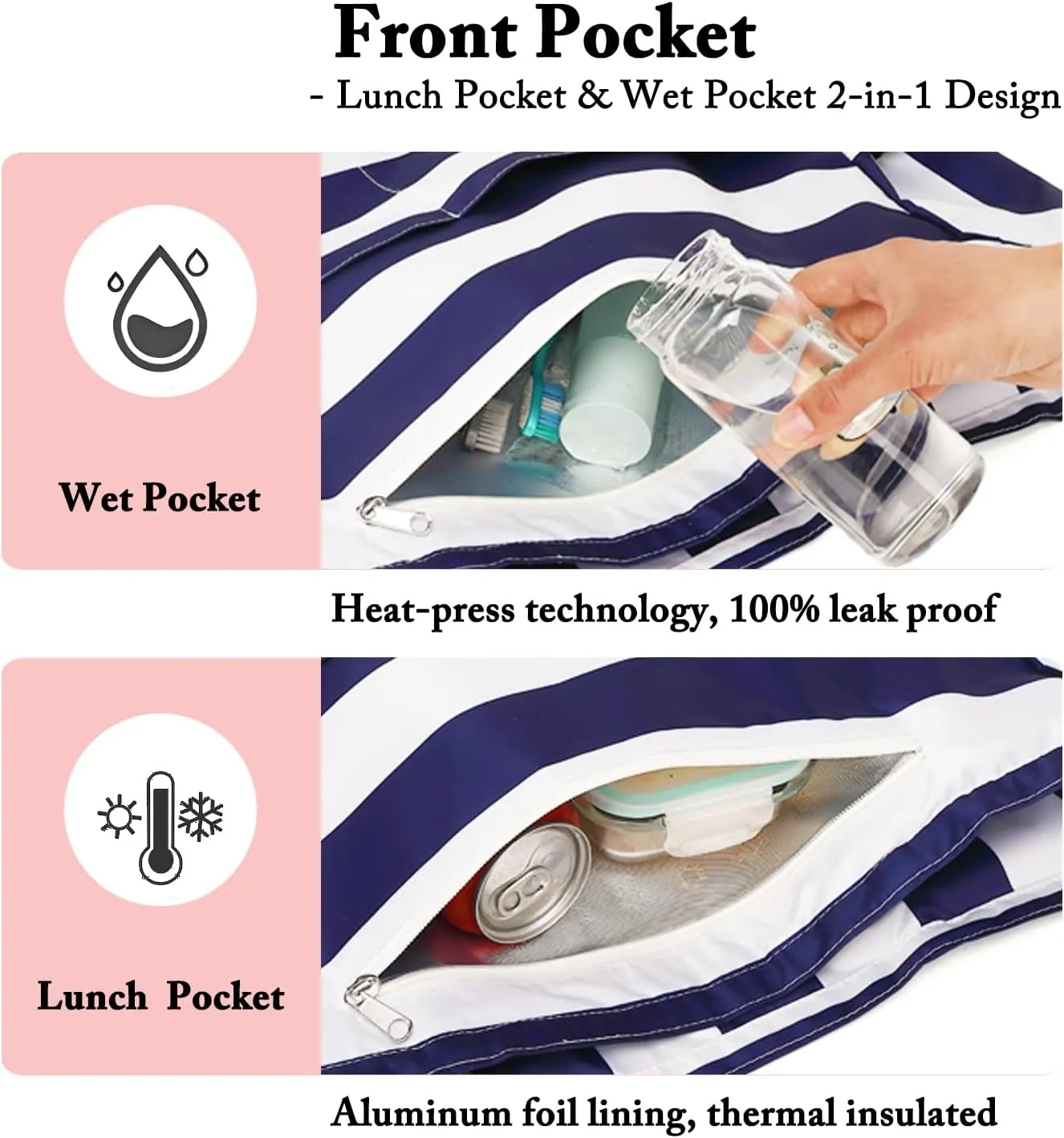Large Beach Bag for Women, Waterproof Travel Tote Bag with Lunch/Wet Pocket for Weekender, Sandproof, Zipper Closure
