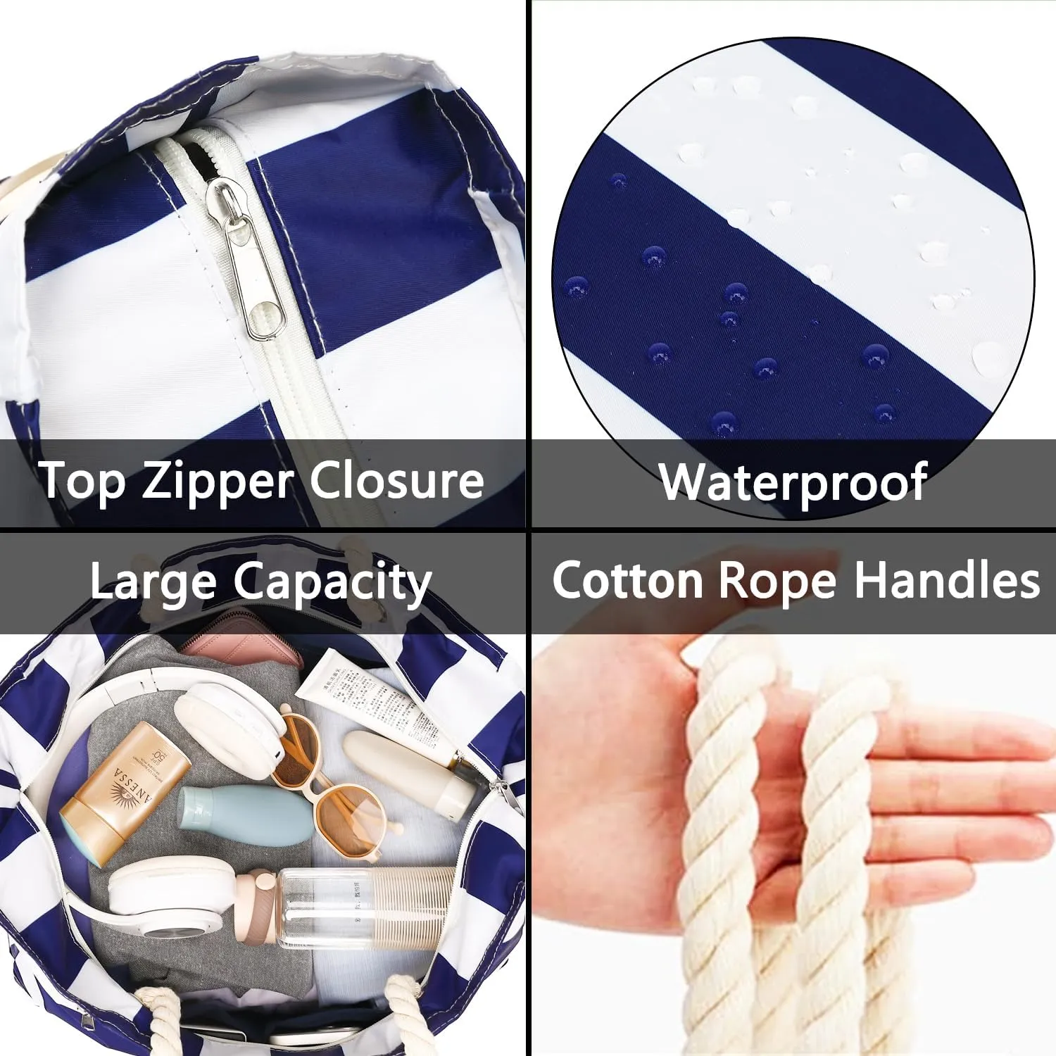 Large Beach Bag for Women, Waterproof Travel Tote Bag with Lunch/Wet Pocket for Weekender, Sandproof, Zipper Closure