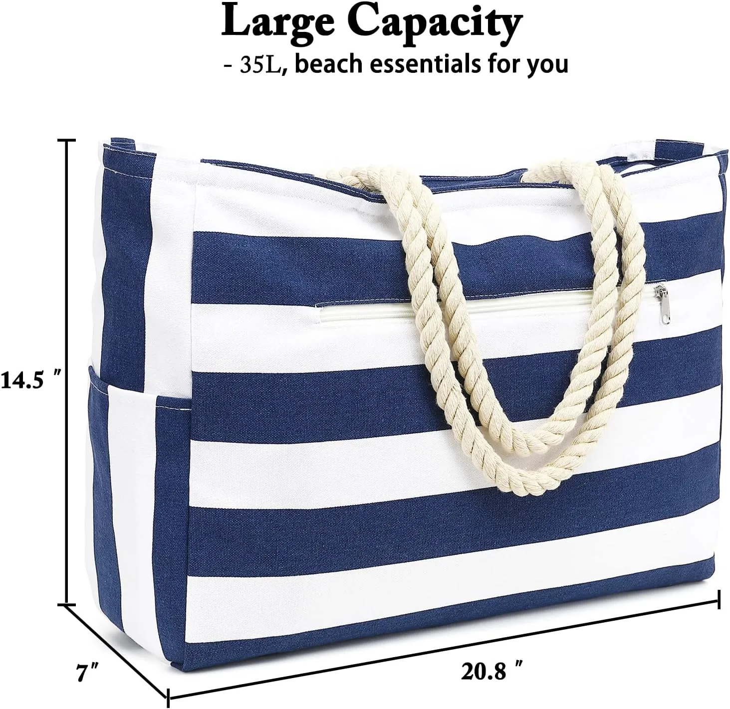 Large Beach Bag for Women, Waterproof Travel Tote Bag with Lunch/Wet Pocket for Weekender, Sandproof, Zipper Closure