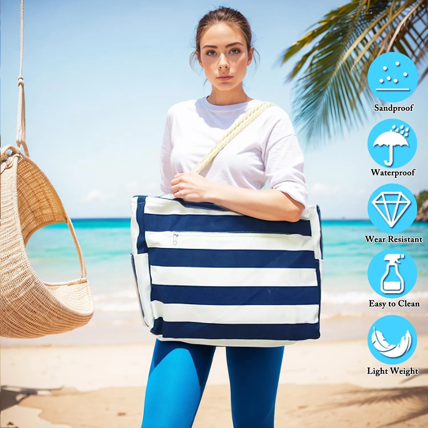 Large Beach Bag for Women, Waterproof Travel Tote Bag with Lunch/Wet Pocket for Weekender, Sandproof, Zipper Closure