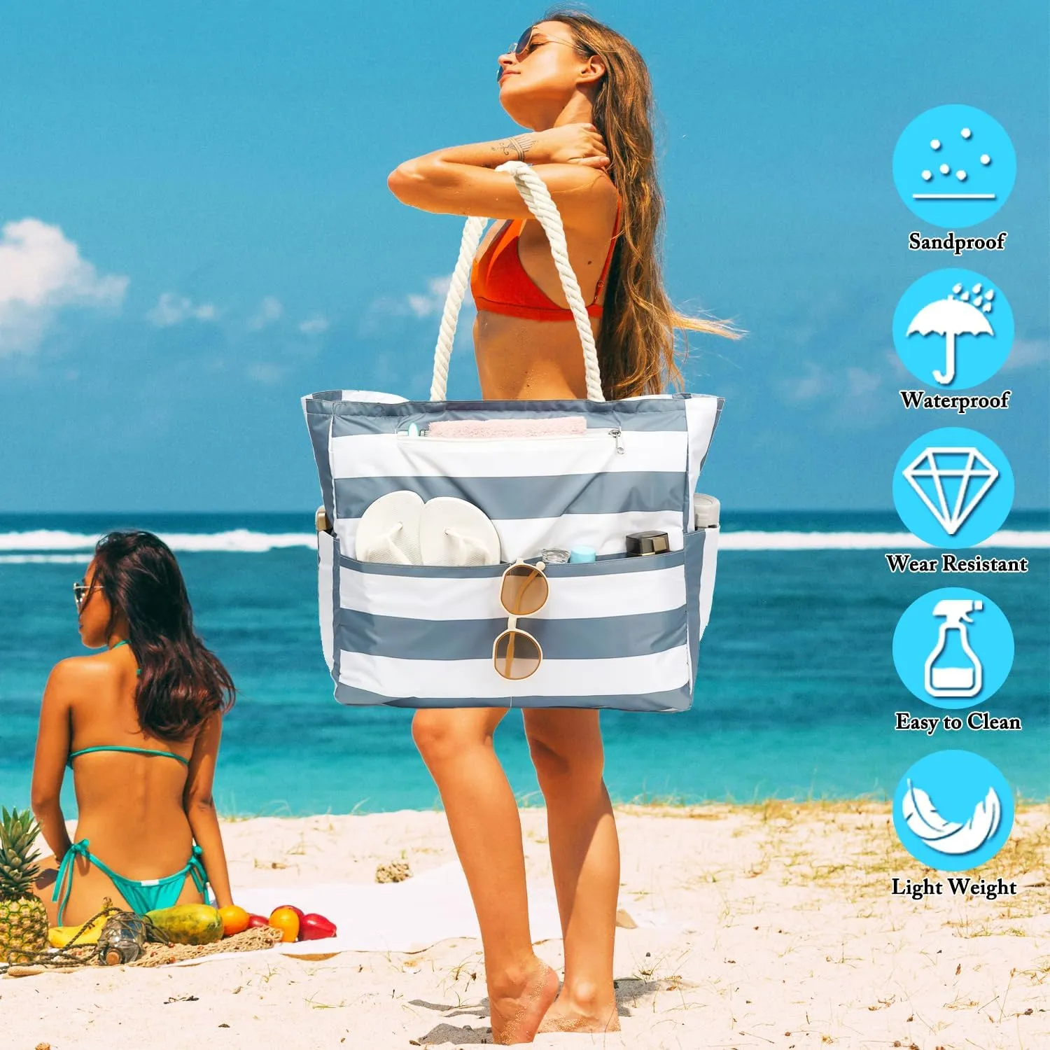 Large Beach Bag for Women, Waterproof Travel Tote Bag with Lunch/Wet Pocket for Weekender, Sandproof, Zipper Closure