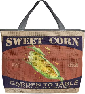 Large Beach Bag for Women, Yellow Corn Mesh Beach Tote with Pockets, Sweet Vegetable Rustic Farm Vintage Pictorial Travel Toy Bag for Toys, Towel, Flip Flops