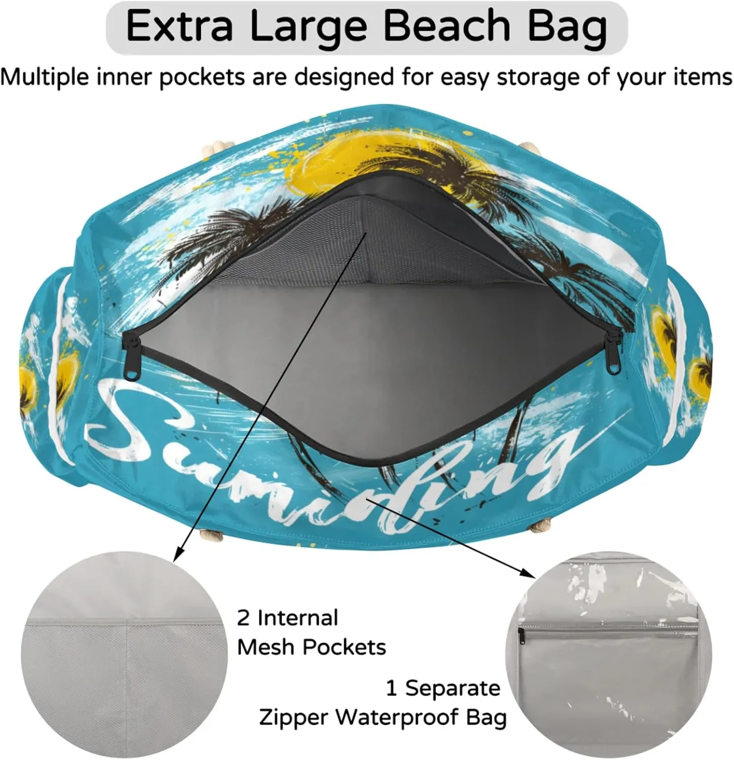 Large Beach Tote Bags with Zipper, Beach Bag for Women, Waterproof Sandproof Pool Swim Bags, Travel Tote Bag