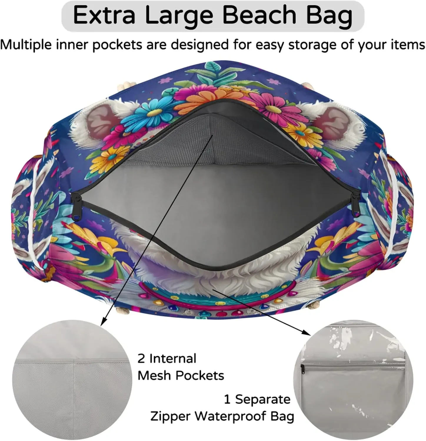 Large Beach Tote Bags with Zipper, Beach Bag for Women, Waterproof Sandproof Pool Swim Bags, Travel Tote Bag