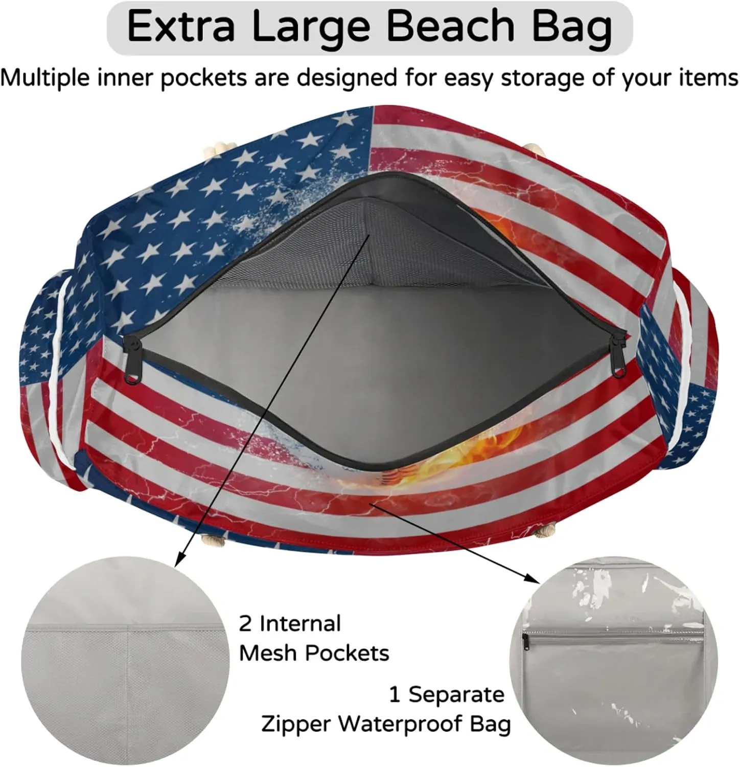 Large Beach Tote Bags with Zipper, Beach Bag for Women, Waterproof Sandproof Pool Swim Bags, Travel Tote Bag