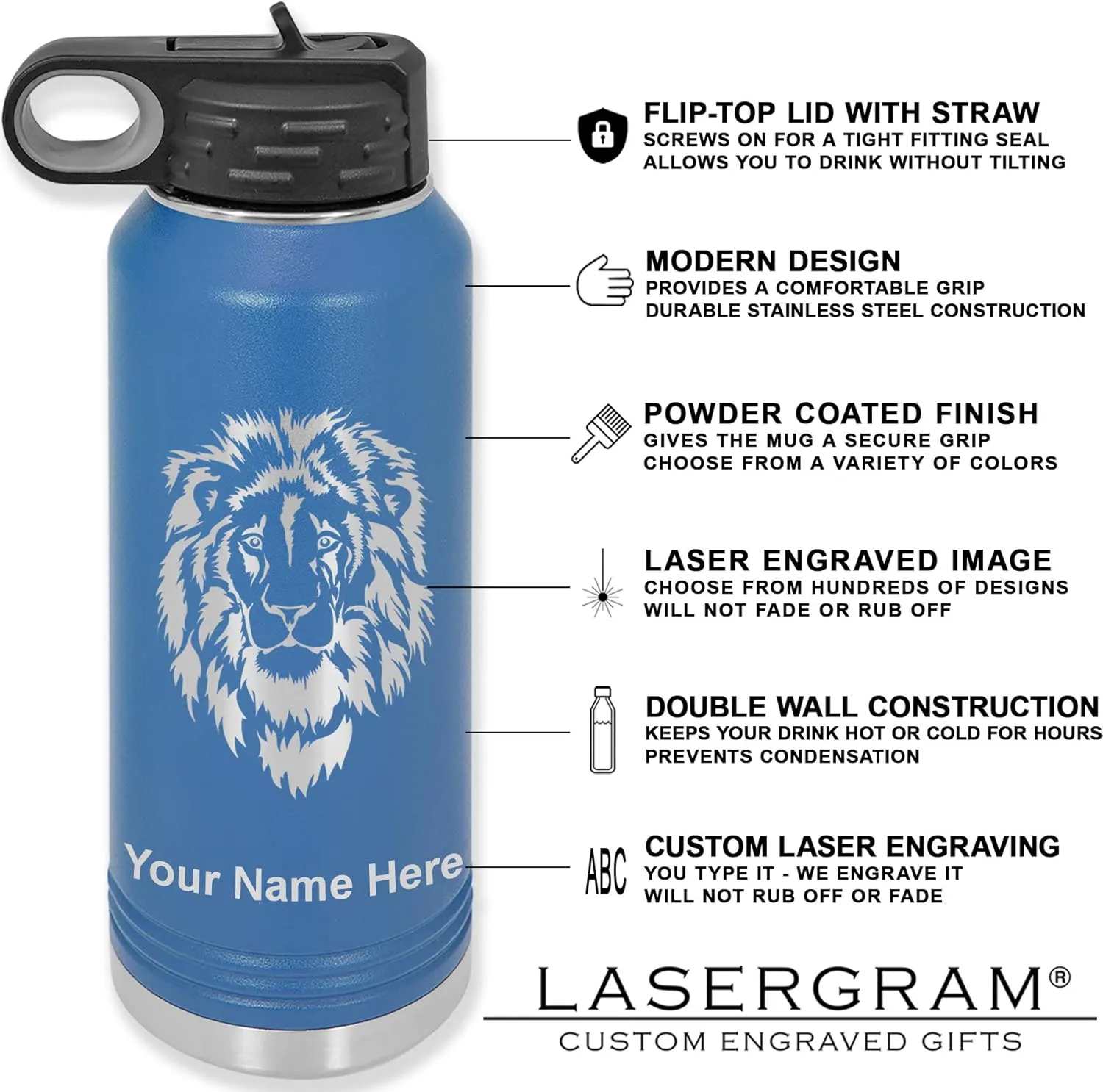 LaserGram Personalized Water Bottle, Basketball Slam Dunk Man, Stainless Steel Double Wall Vacuum Insulated with Flip Top Straw, Custom Engraved Gift (32oz / 950ml Dark Blue)