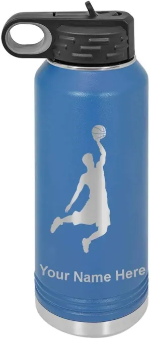 LaserGram Personalized Water Bottle, Basketball Slam Dunk Man, Stainless Steel Double Wall Vacuum Insulated with Flip Top Straw, Custom Engraved Gift (32oz / 950ml Dark Blue)