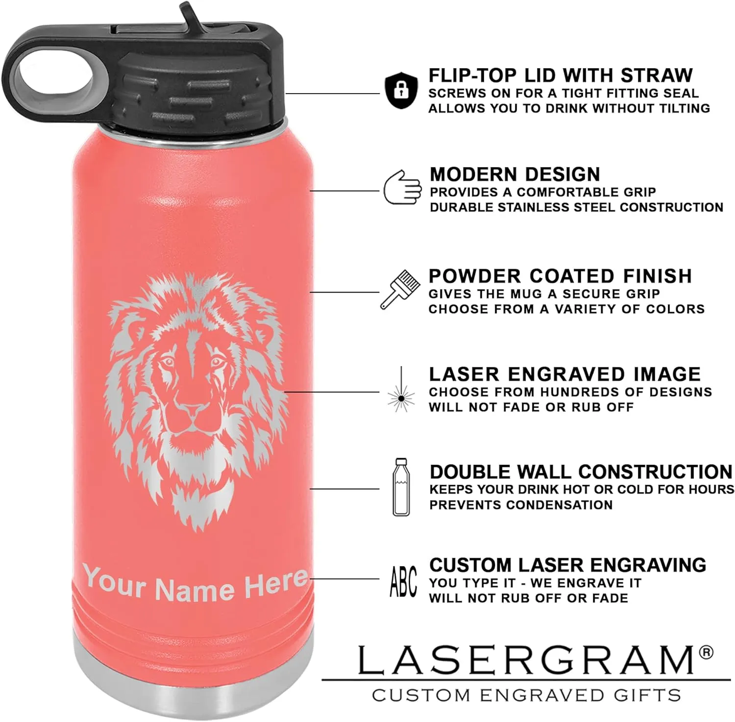 LaserGram Personalized Water Bottle, Grad Cap Class of 2023, 2024, 2025, 2026, 2027, Stainless Steel Double Wall Vacuum Insulated with Flip Top Straw, Custom Engraved Gift (40oz / 1180ml Coral)