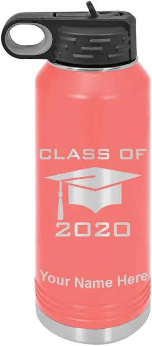 LaserGram Personalized Water Bottle, Grad Cap Class of 2023, 2024, 2025, 2026, 2027, Stainless Steel Double Wall Vacuum Insulated with Flip Top Straw, Custom Engraved Gift (40oz / 1180ml Coral)