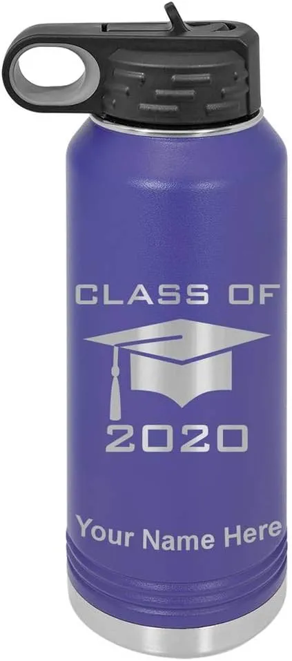 LaserGram Personalized Water Bottle, Grad Cap Class of 2023, 2024, 2025, 2026, 2027, Stainless Steel Double Wall Vacuum Insulated with Flip Top Straw, Custom Engraved Gift (40oz / 1180ml Dark Purple)