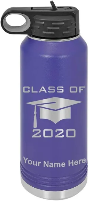 LaserGram Personalized Water Bottle, Grad Cap Class of 2023, 2024, 2025, 2026, 2027, Stainless Steel Double Wall Vacuum Insulated with Flip Top Straw, Custom Engraved Gift (40oz / 1180ml Dark Purple)