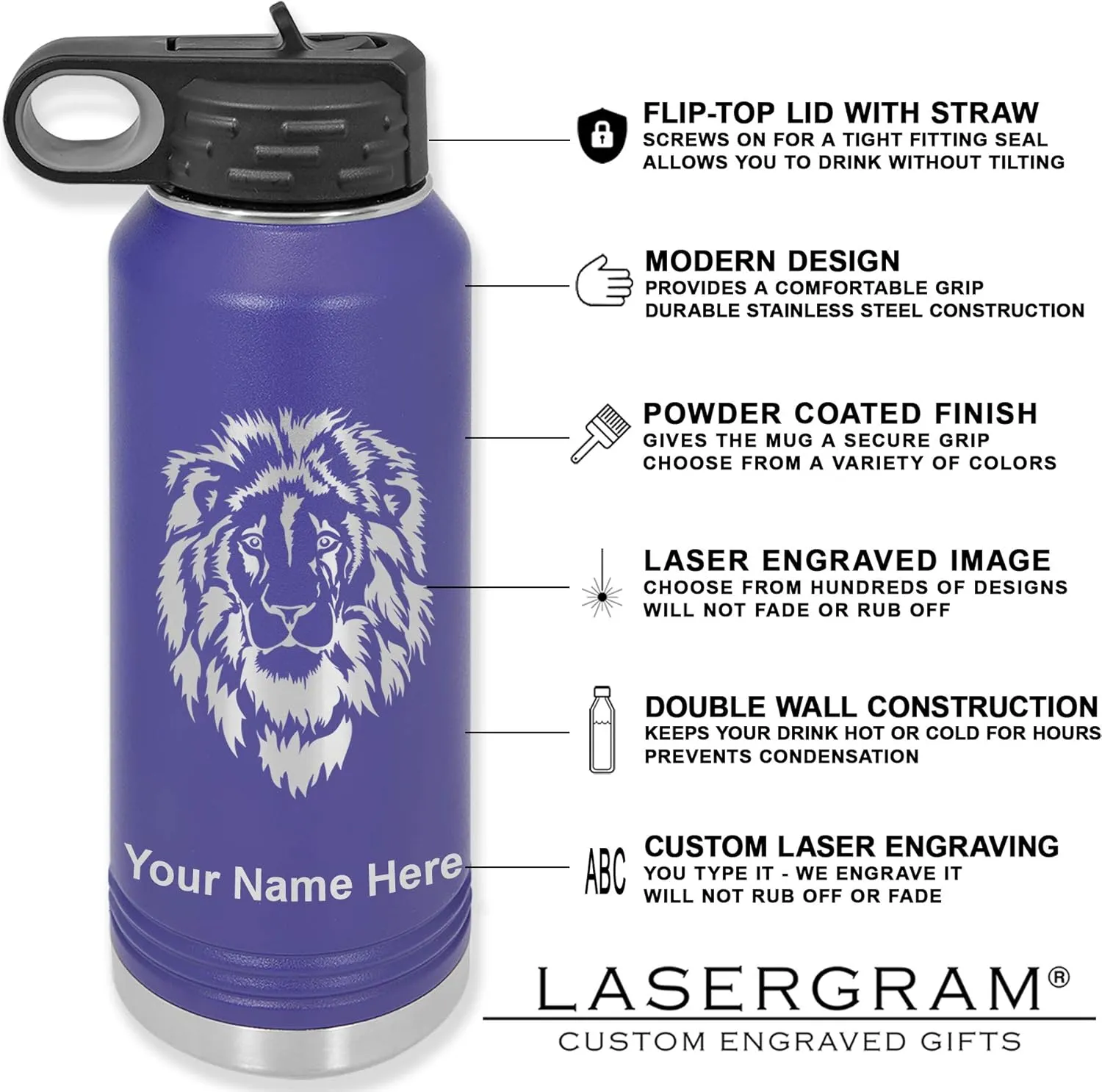 LaserGram Personalized Water Bottle, Grad Cap Class of 2023, 2024, 2025, 2026, 2027, Stainless Steel Double Wall Vacuum Insulated with Flip Top Straw, Custom Engraved Gift (40oz / 1180ml Dark Purple)