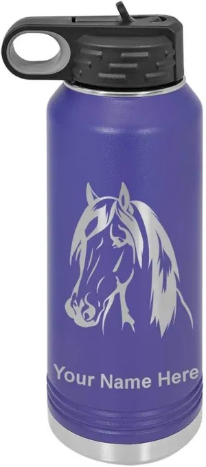 LaserGram Personalized Water Bottle, Horse Head 1, Stainless Steel Double Wall Vacuum Insulated with Flip Top Straw, Custom Engraved Gift (32oz / 950ml Dark Purple)