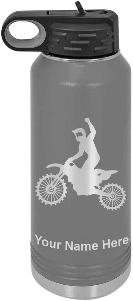 LaserGram Personalized Water Bottle, Motocross, Stainless Steel Double Wall Vacuum Insulated with Flip Top Straw, Custom Engraved Gift (40oz / 1180ml Gray)