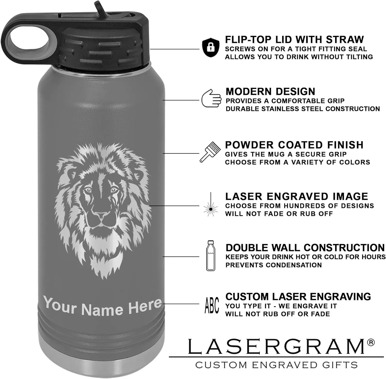 LaserGram Personalized Water Bottle, Motocross, Stainless Steel Double Wall Vacuum Insulated with Flip Top Straw, Custom Engraved Gift (40oz / 1180ml Gray)