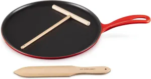 Le Creuset Enameled Cast Iron Crepe Pan with Rateau and Spatula, 10.75", Cerise
