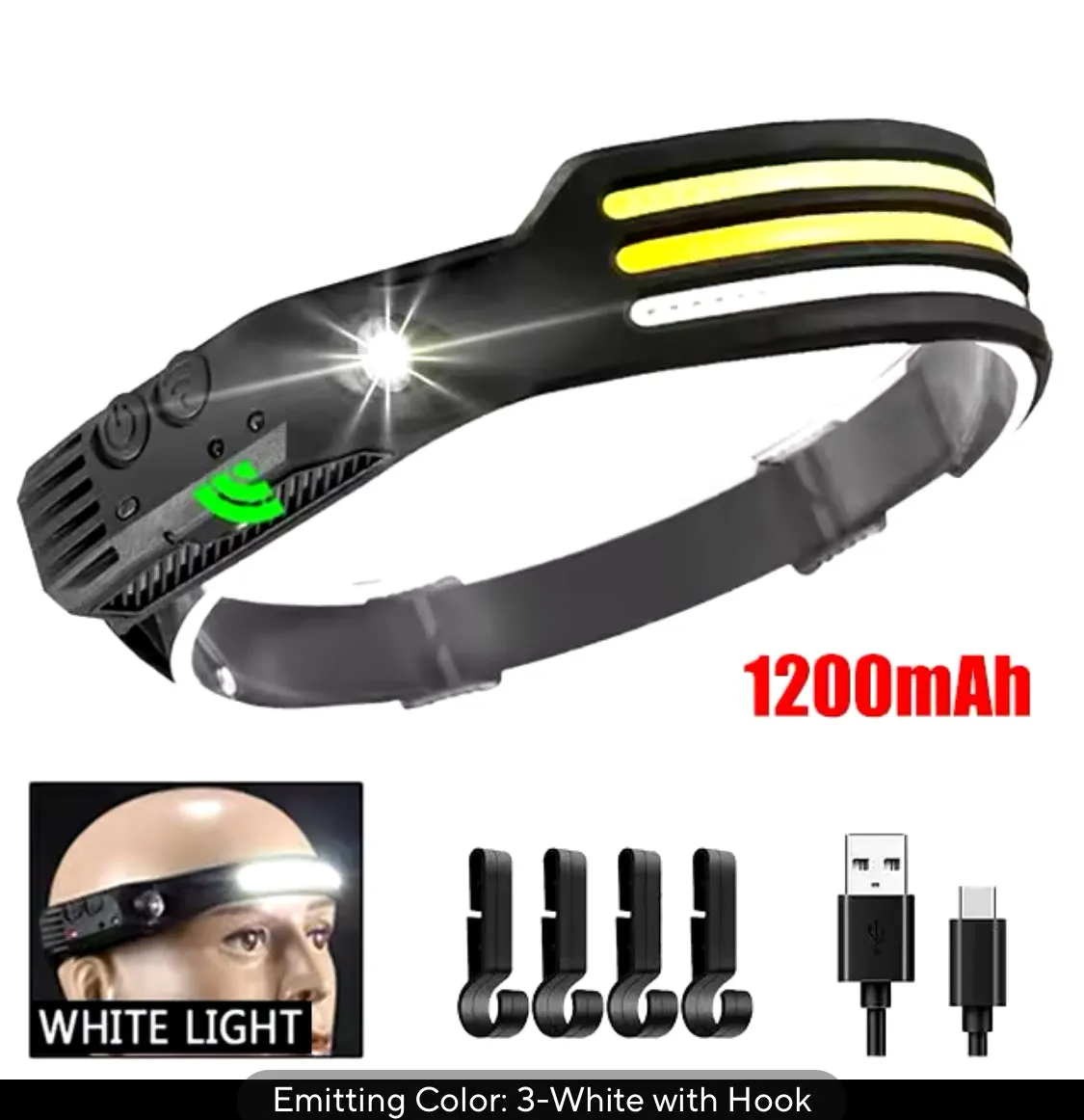 LED Headlamp Induction Head Lamp Built-in Battery USB Rechargeable Flashlight for Outdoor, Camping and Fishing
