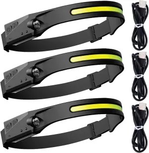 LED Headlamp Rechargeable, 5 Modes Motion Sensor Headlight Flashlight for Adults & Kids, 230° Wide Beam High Lumens Bright IPX4 Waterproof Head Lamp for Camping Running Cycling Hiking Fishing, 3 Pack