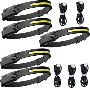 LED Headlamp Rechargeable, 5 Modes Motion Sensor Headlight Flashlight for Adults & Kids, 230° Wide Beam High Lumens Bright IPX4 Waterproof Head Lamp for Camping Running Cycling Hiking Fishing, 5 Pack