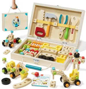 Lehoo Castle Toddler Tool Set with Toolbox, Wooden Montessori Toys for 2 3 4 Years Old Boy Birthday Gift, Construction Play Tools, STEM Learning Toys for Preschooler, Pretend Play Gifts for Christmas