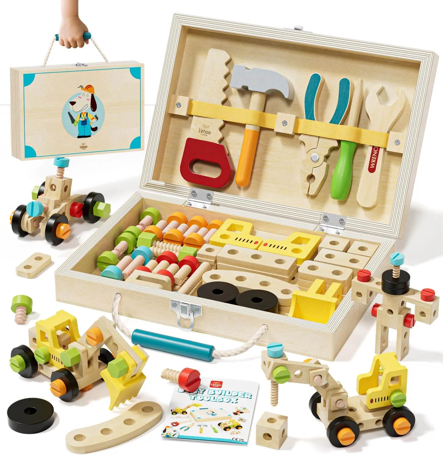 Lehoo Castle Toddler Tool Set with Toolbox, Wooden Montessori Toys for 2 3 4 Years Old Boy Birthday Gift, Construction Play Tools, STEM Learning Toys for Preschooler, Pretend Play Gifts for Christmas