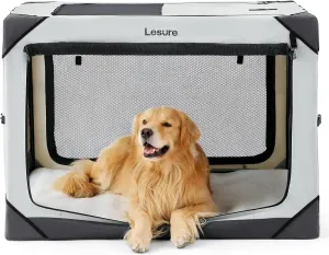 Lesure Collapsible Dog Crate - Portable Travel Kennel for Extra Large Dog, 4-Door Pet Crate with Durable Mesh Windows, Indoor & Outdoor, Light Gray