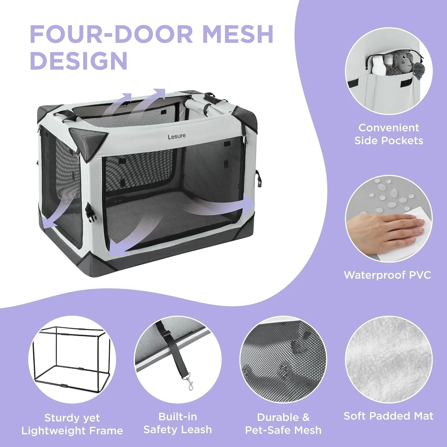 Lesure Collapsible Dog Crate - Portable Travel Kennel for Extra Large Dog, 4-Door Pet Crate with Durable Mesh Windows, Indoor & Outdoor, Light Gray