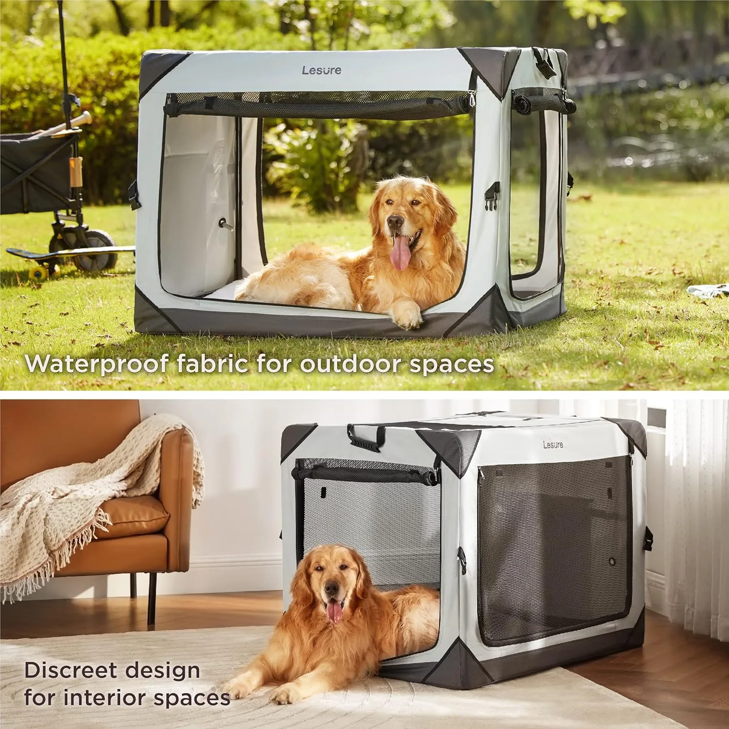 Lesure Collapsible Dog Crate - Portable Travel Kennel for Extra Large Dog, 4-Door Pet Crate with Durable Mesh Windows, Indoor & Outdoor, Light Gray