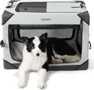 Lesure Collapsible Dog Crate - Portable Travel Kennel for Large Dog, 4-Door Pet Crate with Durable Mesh Windows, Indoor & Outdoor, Light Gray
